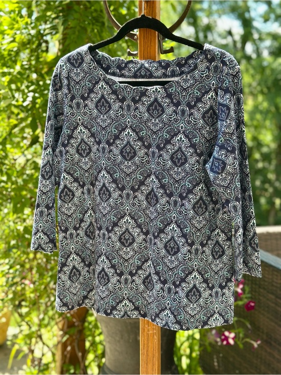 Kim Rogers Petite Tops - Kim Rogers Petite Paisley Knit Top PM Navy Blue 3 4 Sleeve Stretch